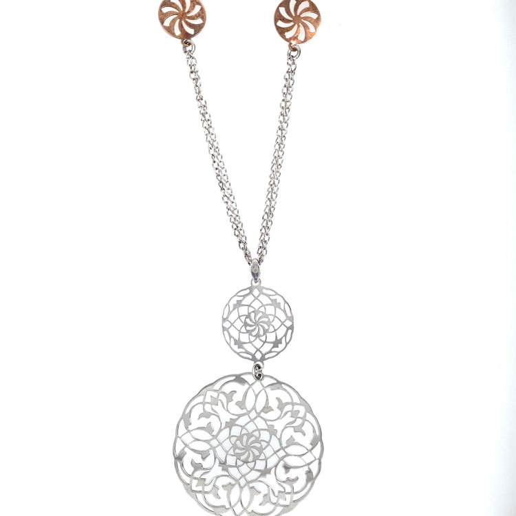 NOMINATION STERLING SILVER MICHELLE SERIES WITH ROSE GOLD CUT OUT CIRCLES WITH FANCY FLORAL SWIRL DESIGN ON DOUBLE CABLE NECKLACE