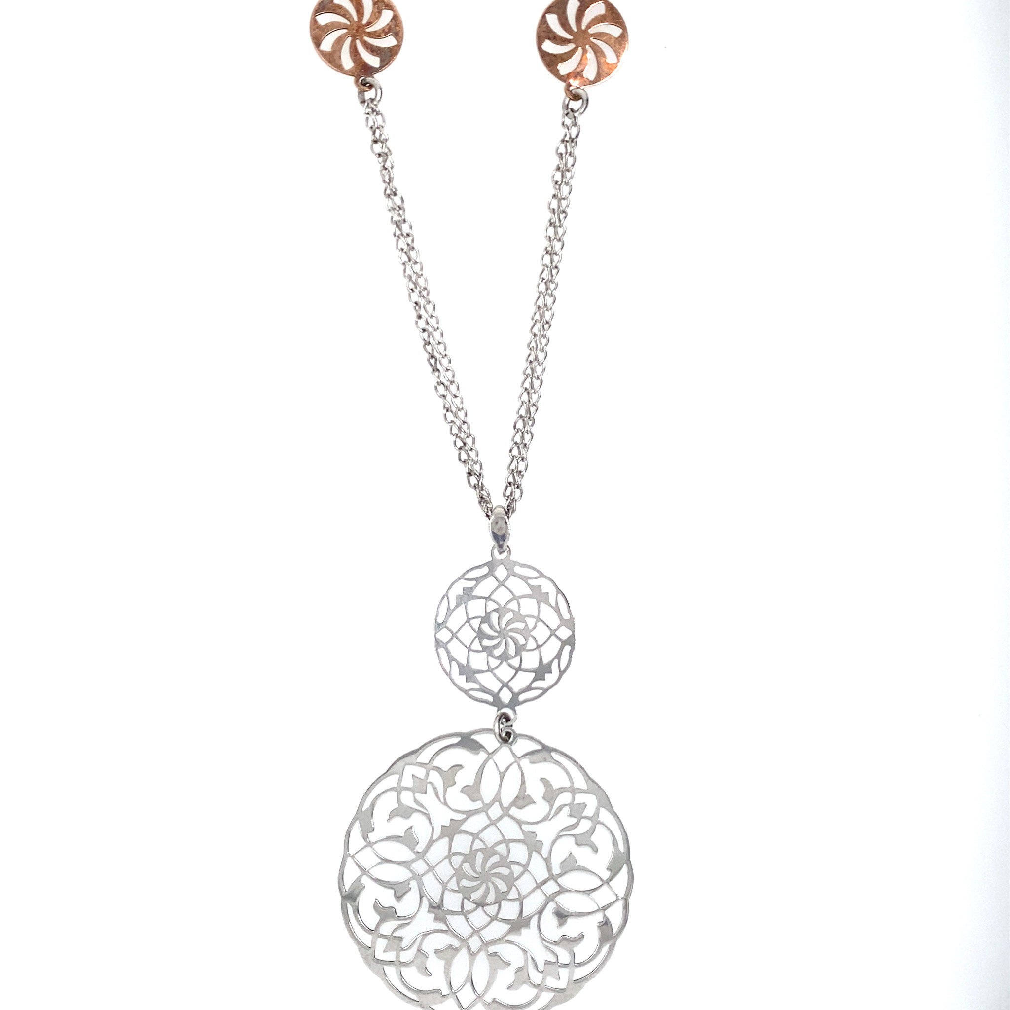 NOMINATION STERLING SILVER MICHELLE SERIES WITH ROSE GOLD CUT OUT CIRCLES WITH FANCY FLORAL SWIRL DESIGN ON DOUBLE CABLE NECKLACE
