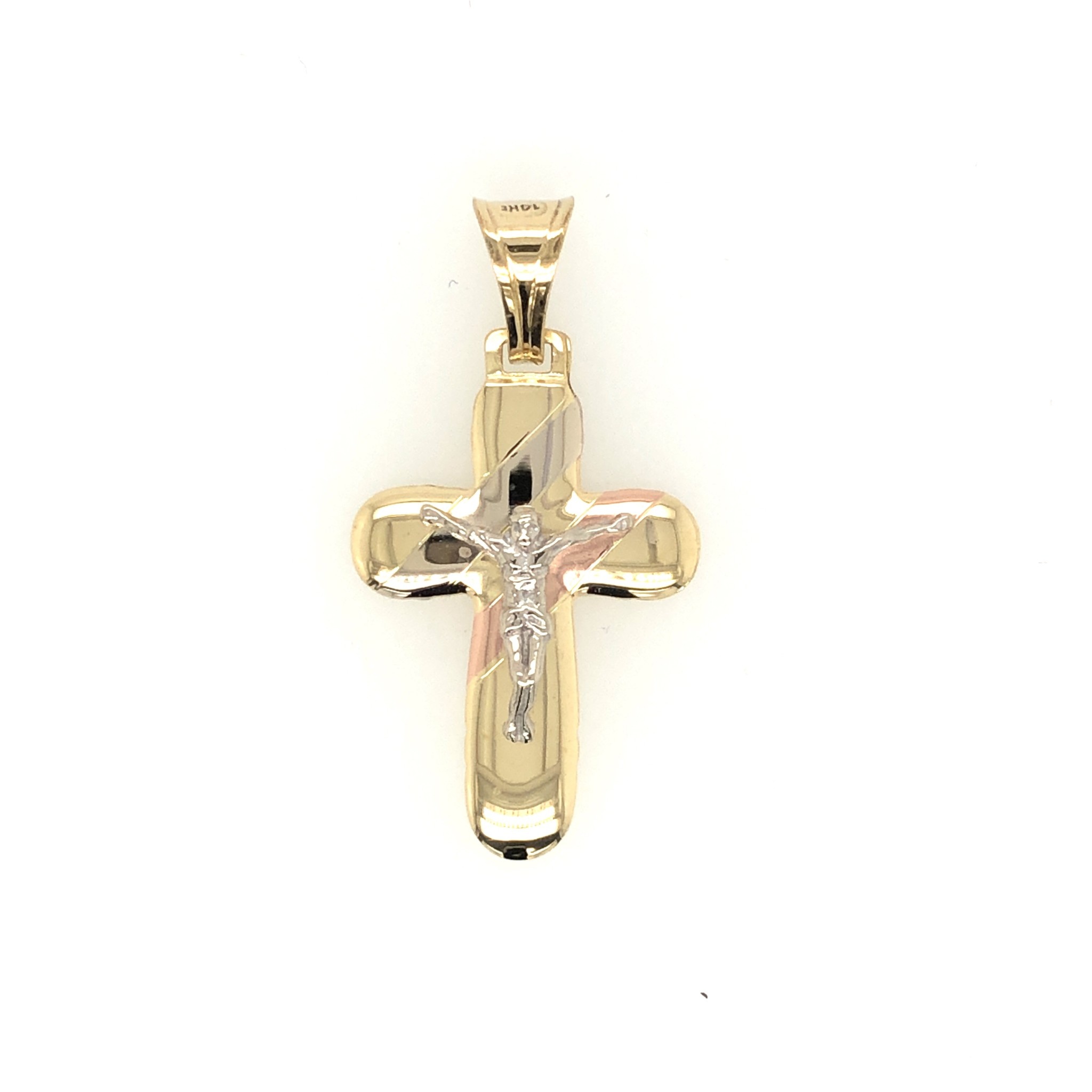 77205 14K TRICOLOR GOLD STRIPPED CRUCIFIX 1.5''
