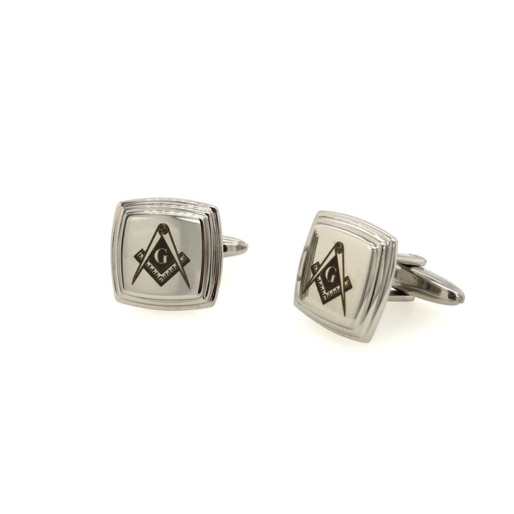 STAINLESS STEEL MASON SYMBOL CUSHION SHAPE HIGH POLISHED CUFFLINKS