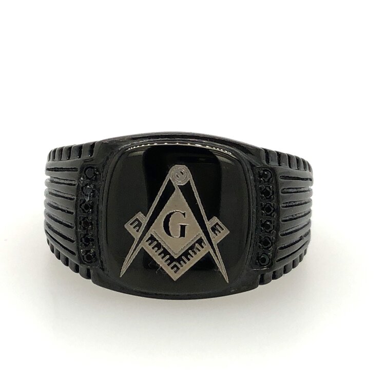 90002 Stainless Steel Polished Black IP-plated with Black Cubic Zirconia Mason Symbol Signet Ring Size 10