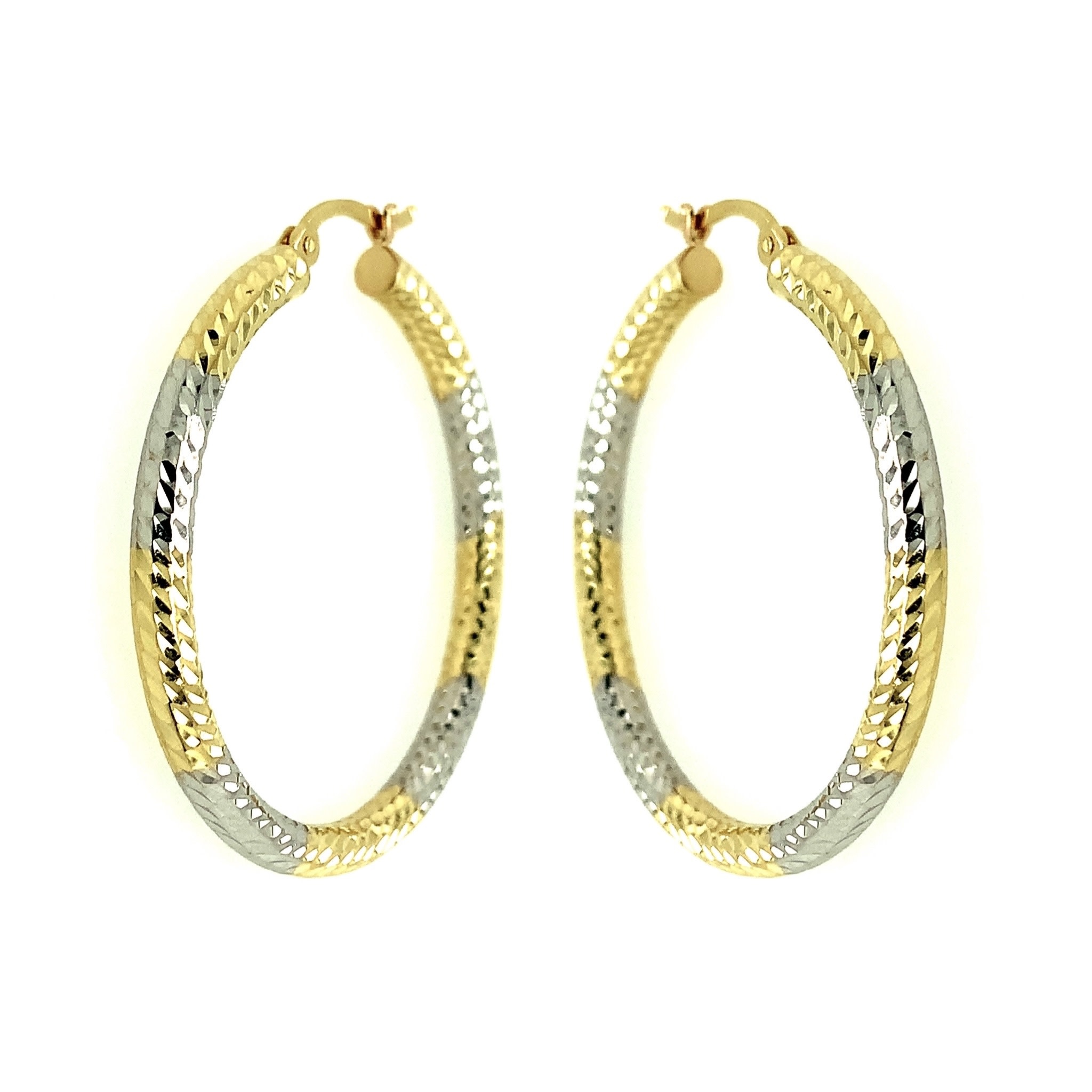 30497 14K 2 TONE 3MM 1.75" PATTERN DIAMOND CUT DESIGN HOOPS