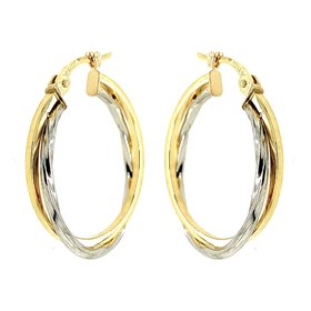 30486 14K 2 TONE 1" PLAIN AND TWIST DOUBLE ROW HOOPS