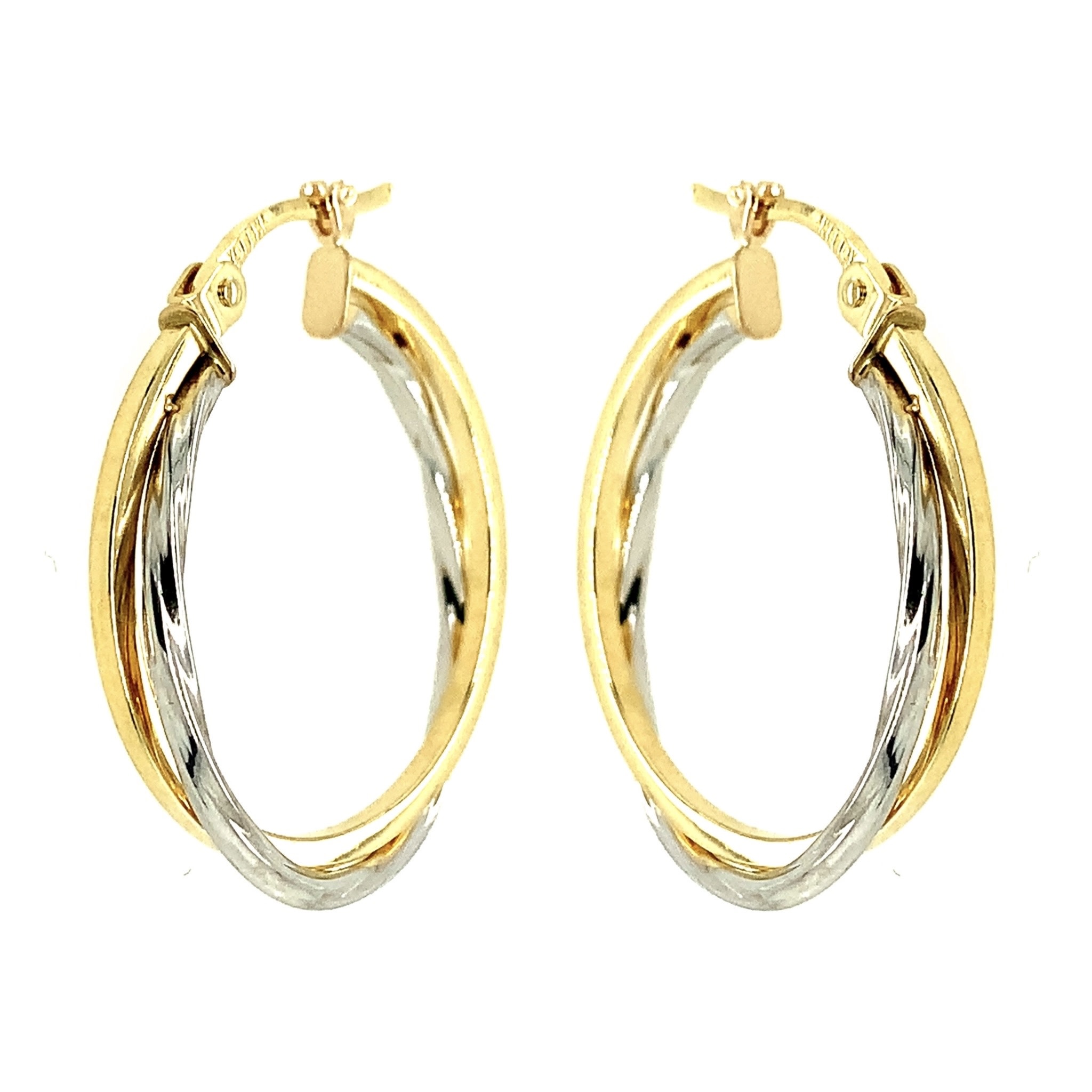 30486 14K 2 TONE 1" PLAIN AND TWIST DOUBLE ROW HOOPS