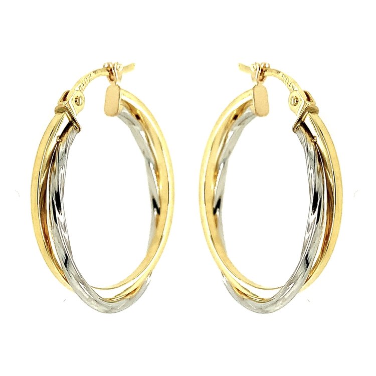 30486 14K 2 TONE 1" PLAIN AND TWIST DOUBLE ROW HOOPS