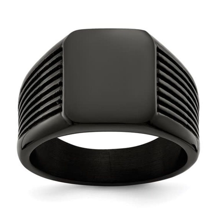 90009 STAINLESS STEEL MENS MASON SYMBOL BLACK PLATED GROOVED DESIGN SIGNET RING