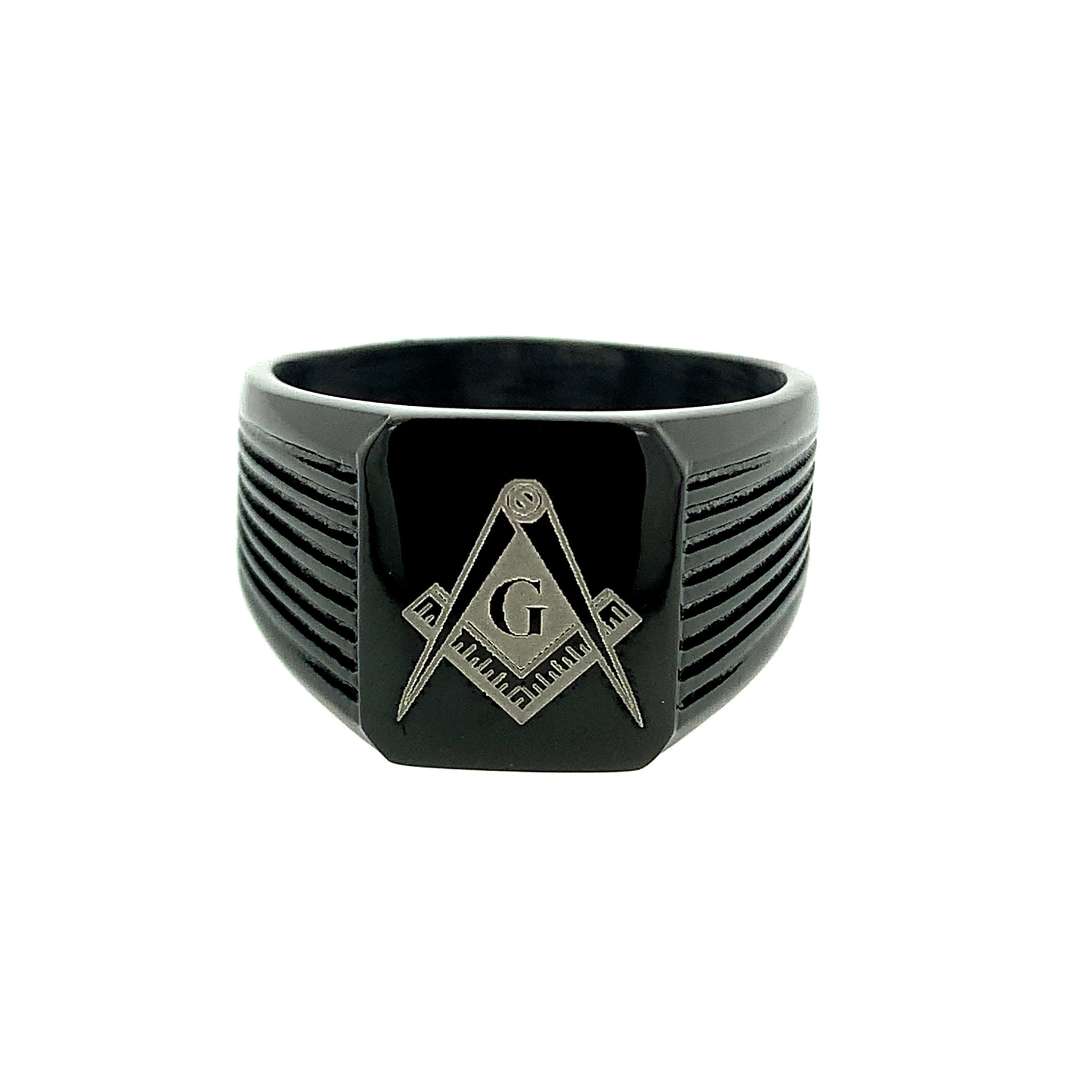 90008 STAINLESS STEEL MENS MASON SYMBOL BLACK STRIPED ENAMEL DESIGN SIGNET  RING - Gemelli Jewelers