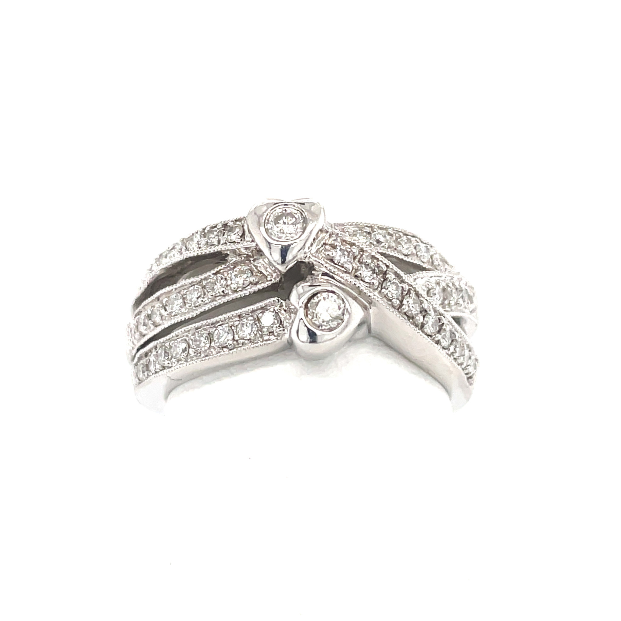 41125 18K WHITE GOLD .50CT DIAMOND 3 ROW WITH 2 HEARTS LADIES RING