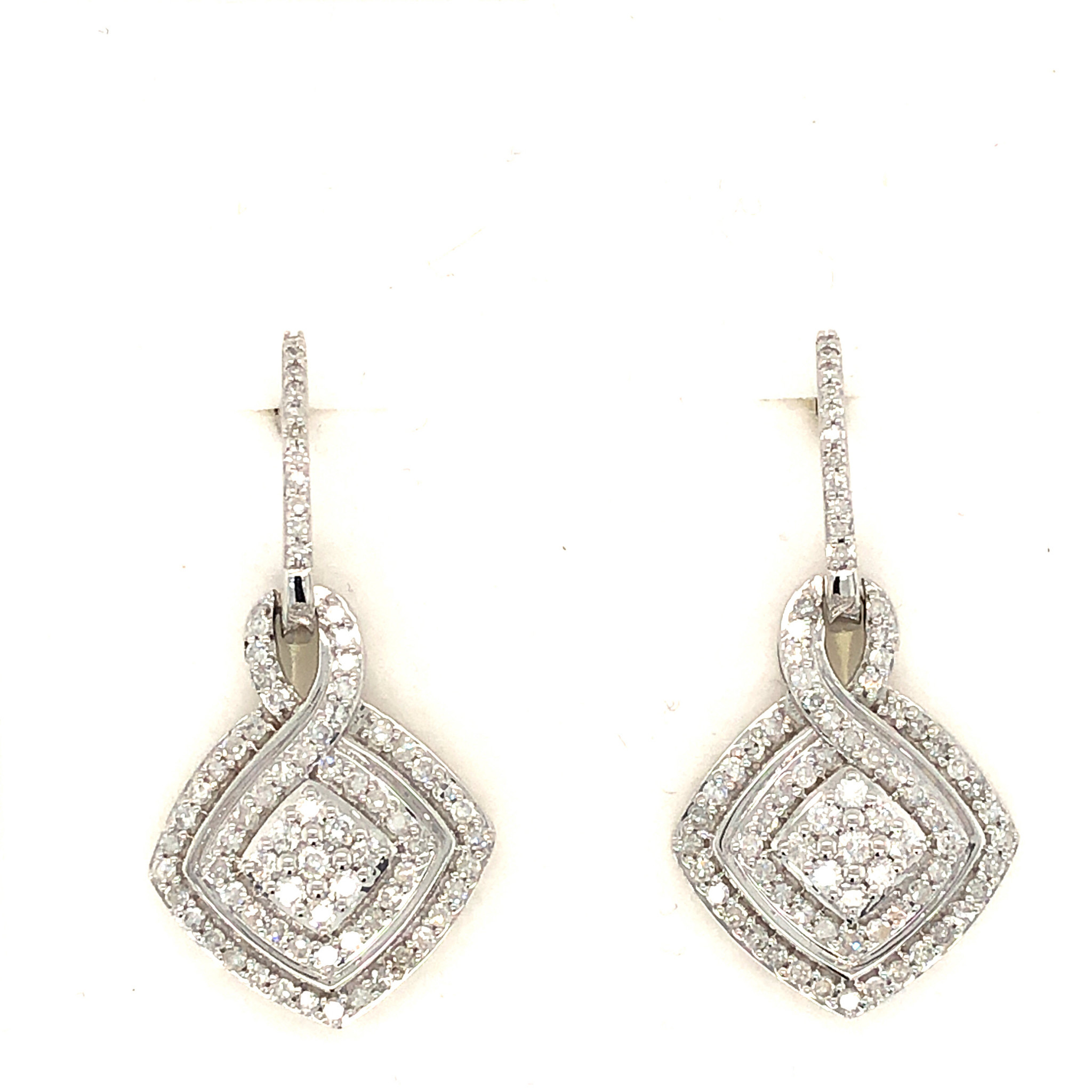 31853 14K WHITE GOLD 1CT DIAMOND DOUBLE HALO SQUARE DESING HANGING EARRING