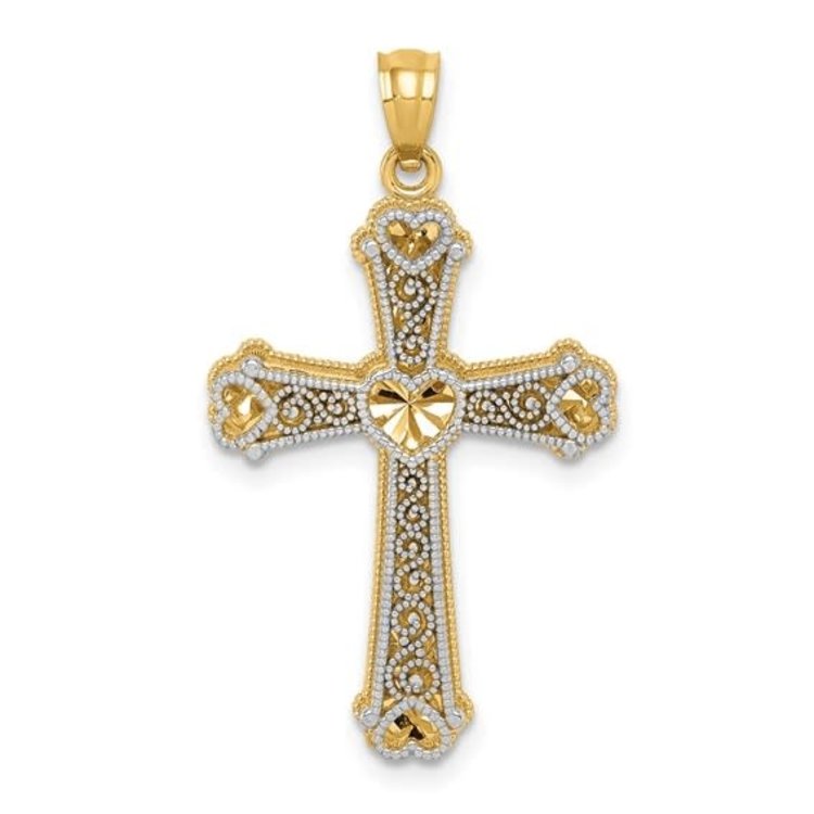 77261 14K 2TONE HEART EDGE AND CENTER FILIGREE CROSS
