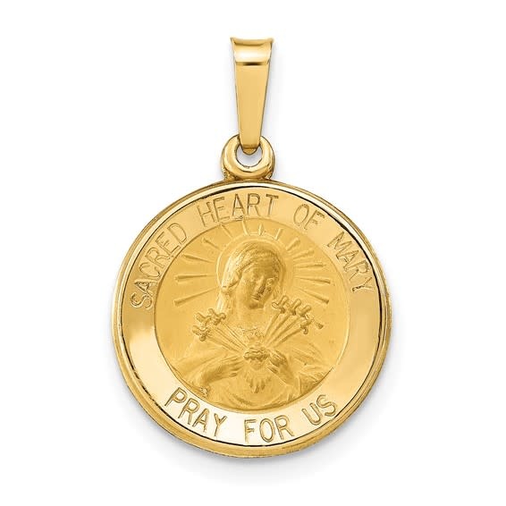 77134 14K Yellow Gold Polished and Satin Sacred Heart of Mary Medal Hollow Pendant