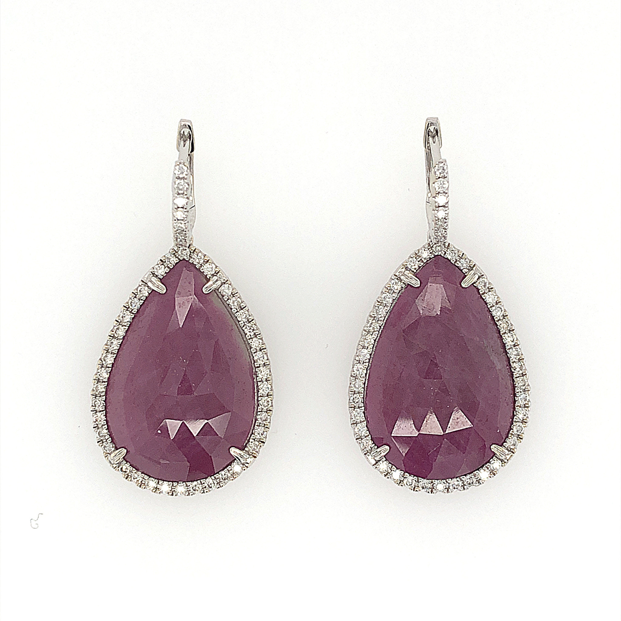 32242 14K WHITE GOLD 1CT DIAMOND HALO WITH HANGING LARGE PEAR SHAPE RUBY EARRING
