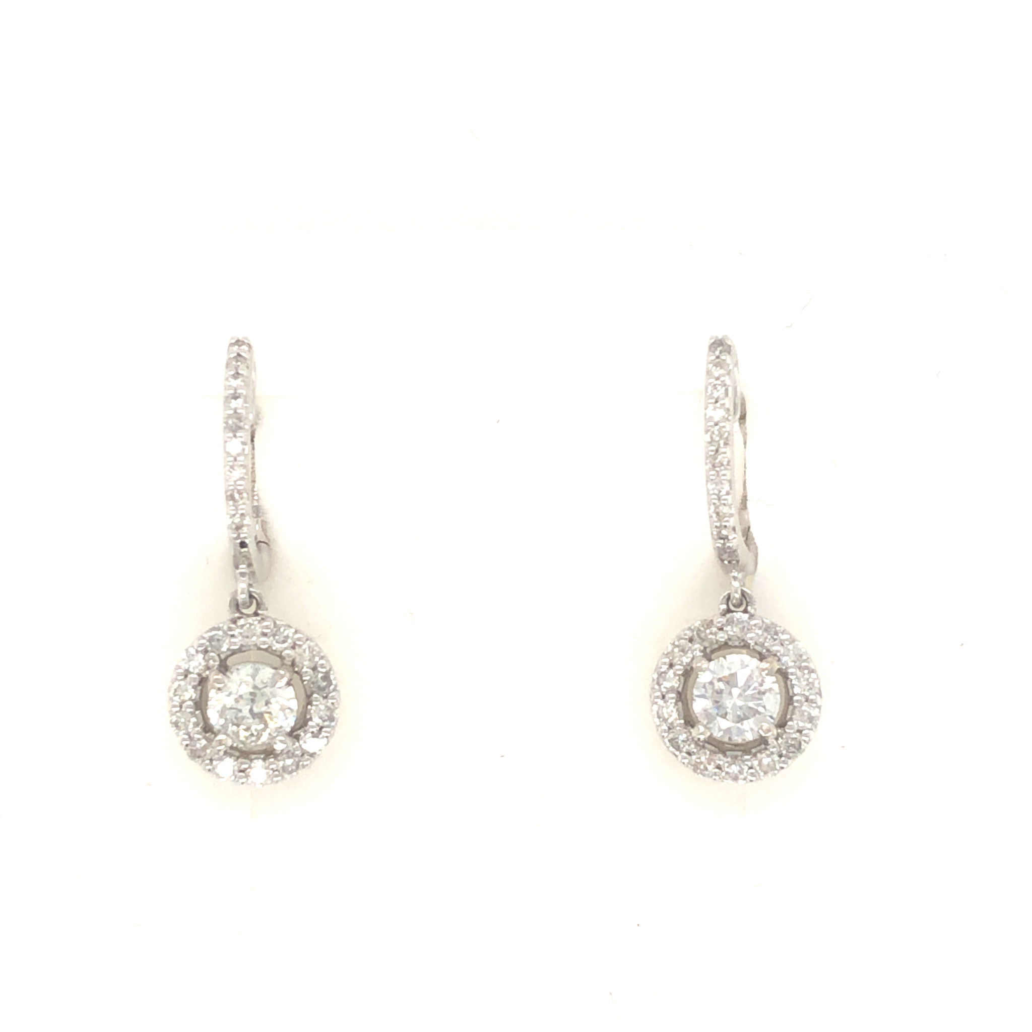 32319 18K WHITE GOLD 1.03TCW ROUND DIAMOND HALO HANGING EARRING