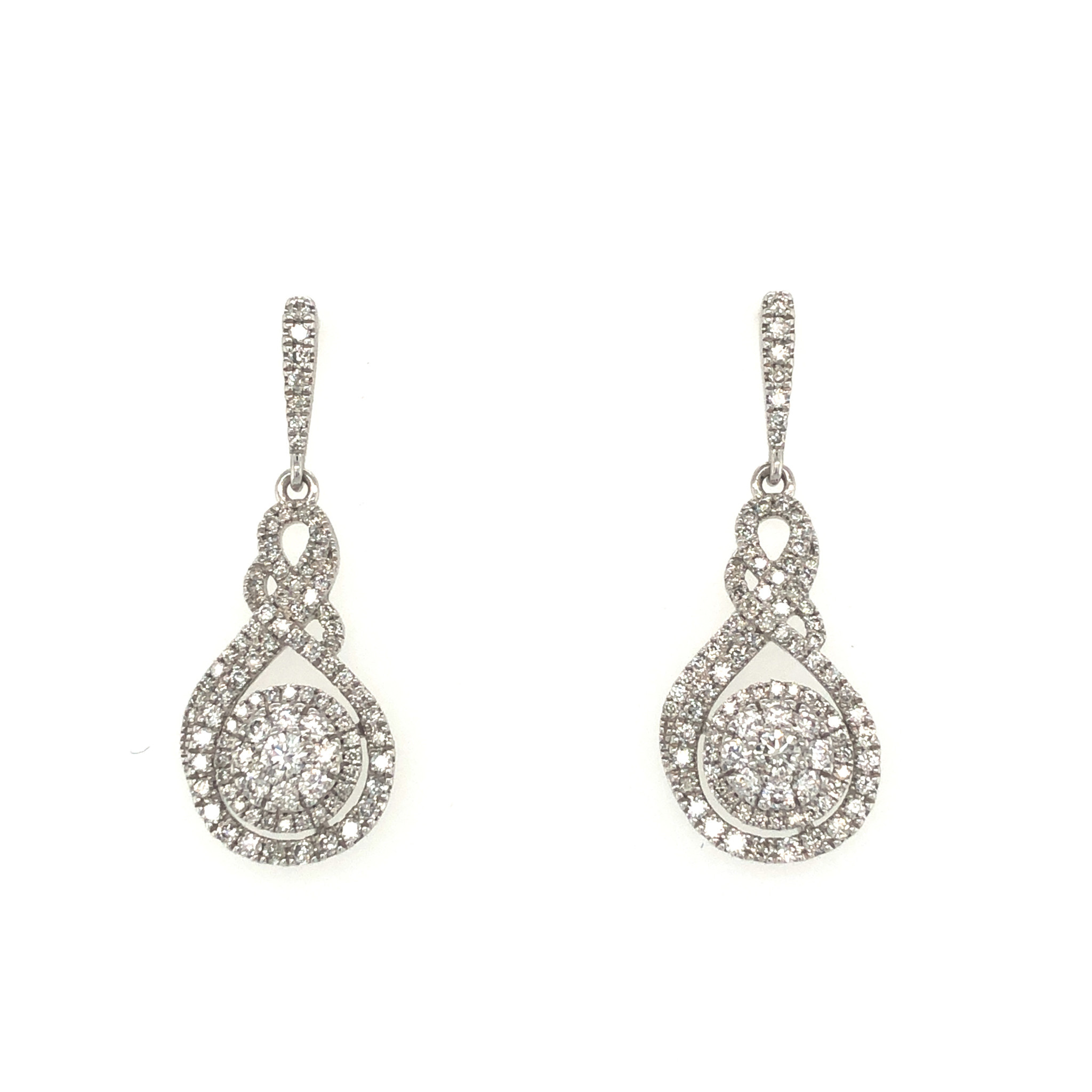 32278 14K WHITE GOLD 1 CT DIAMOND HANGING INFINITY CLUSTER EARRINGS