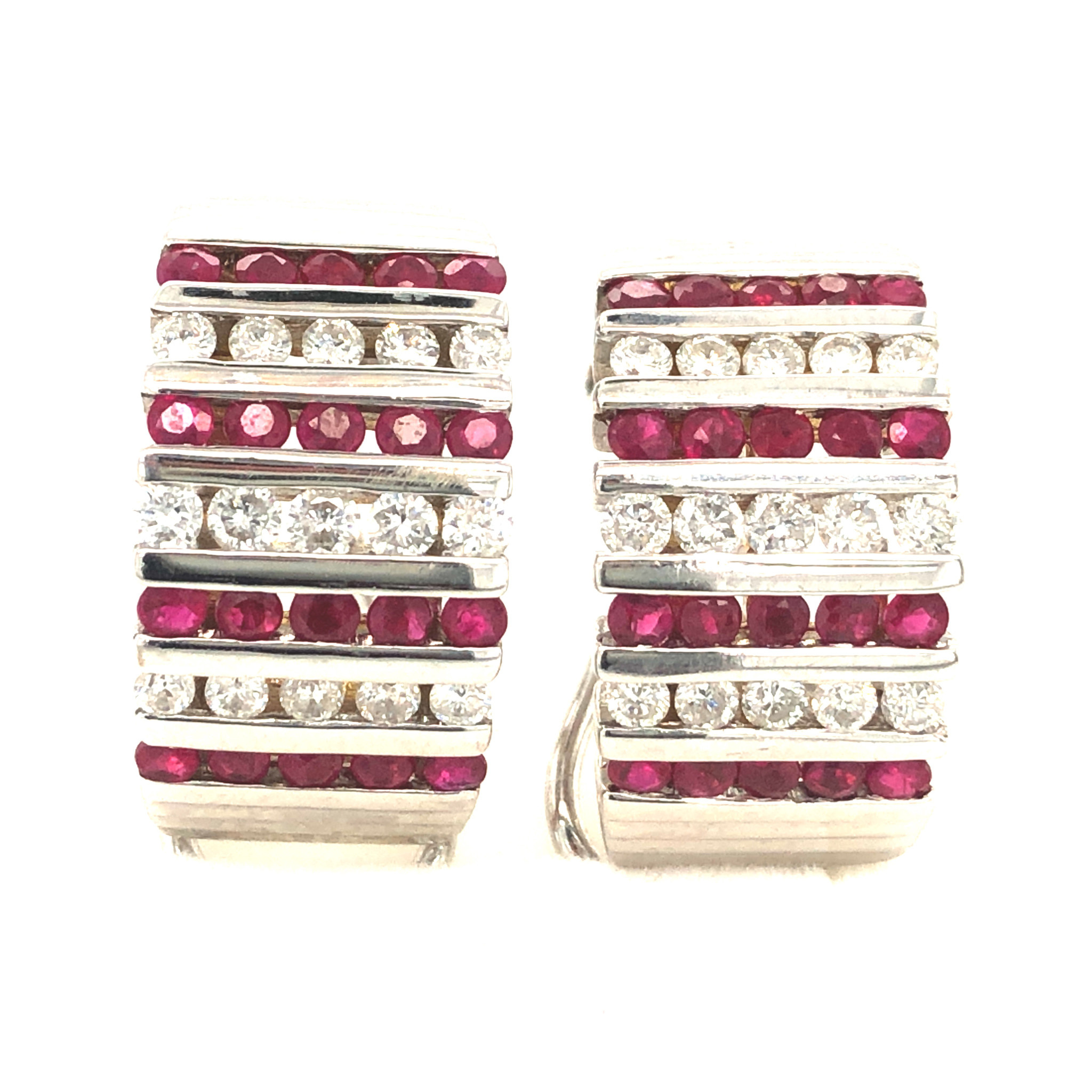 32071 14K WHITE DIAMOND .60TCW DIAMOND AND RUBY CHANNEL SET OMEGA CLAPS EARRINGS