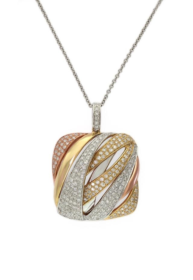 607649375089 EFFY 14K TRI COLOR .81TCW DIAMOND SQUARE RIBBON ON 16" CABLE CHAIN PENDANT