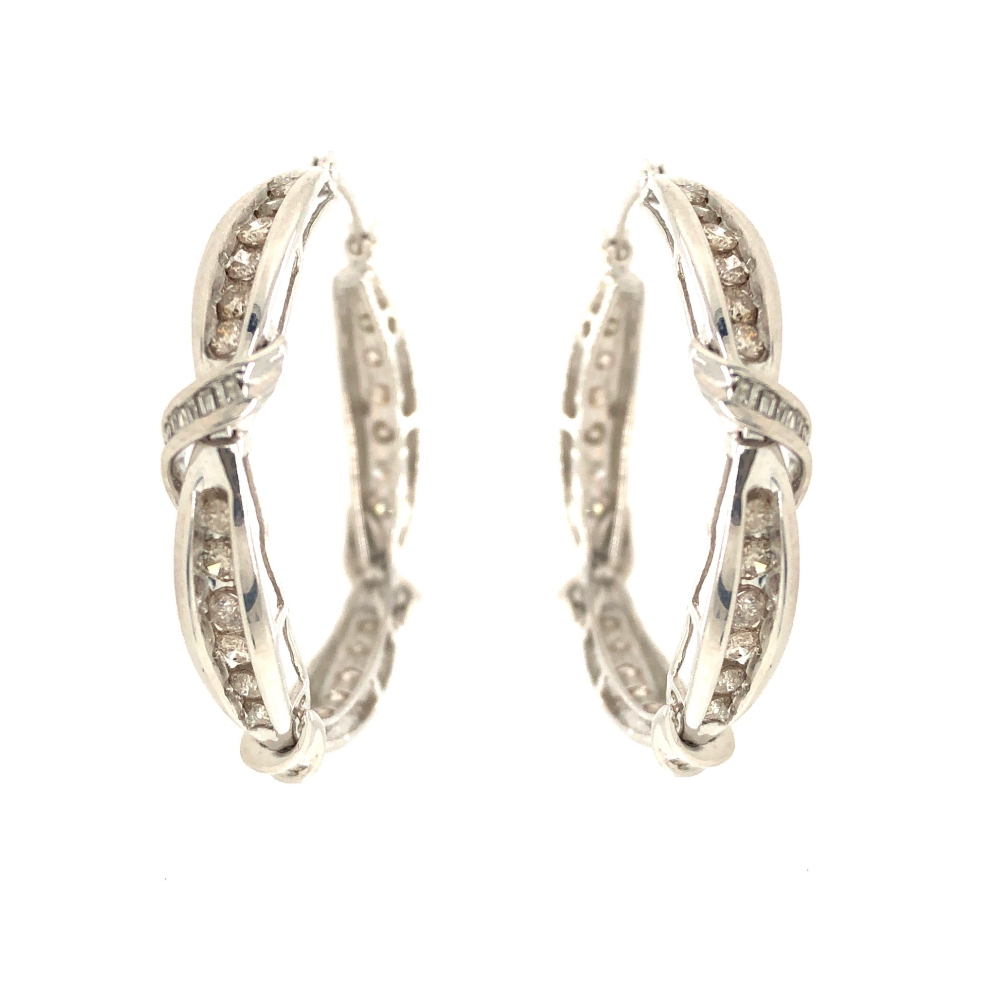 31629 14K WHITE GOLD ROUND AND BAGUETTE DIAMOND HOOPS 1.25’’