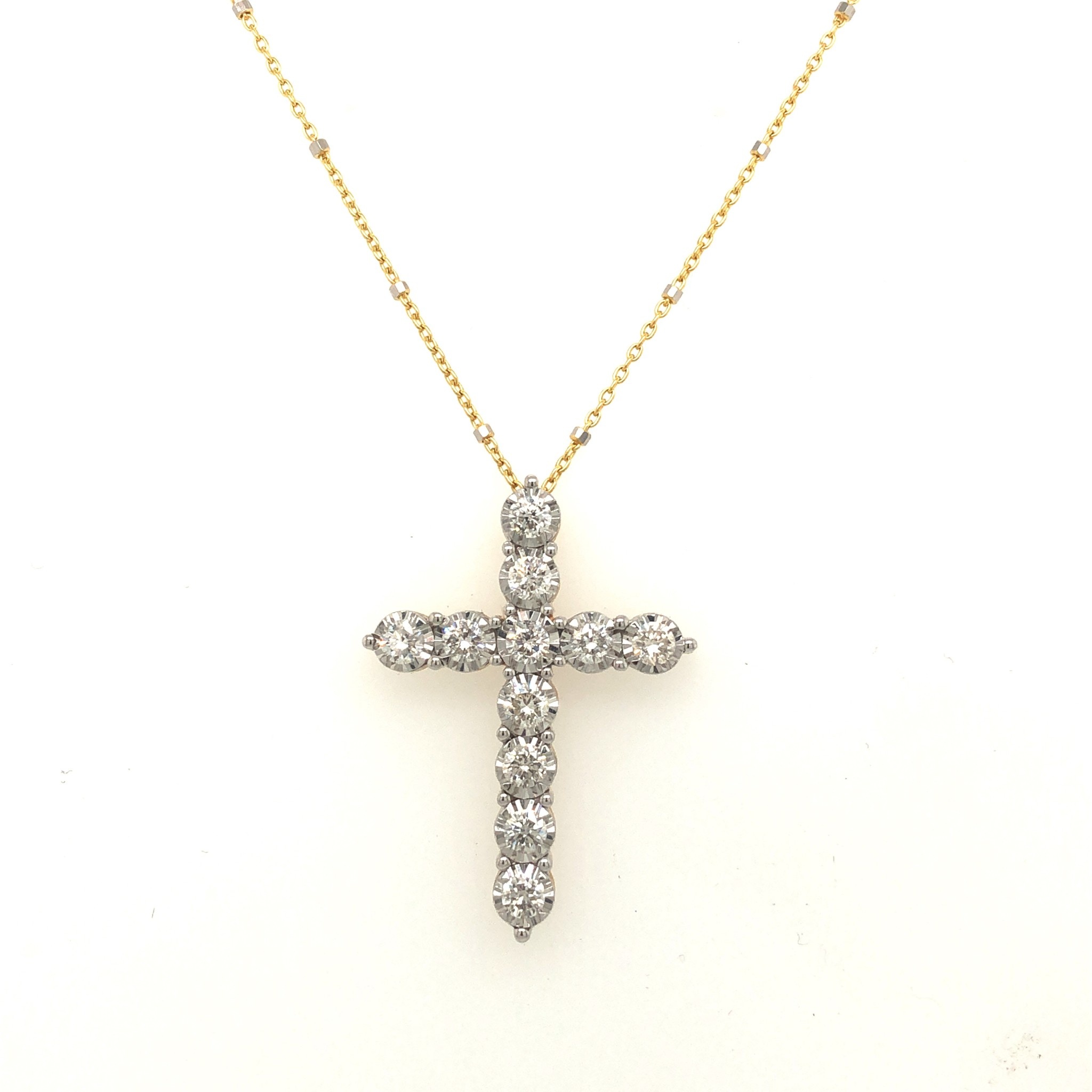 70085 14K 2 TONE 1.15TCW DIAMOND MIRACLE SETTING CROSS ON 18" CABLE & BEADED CHAIN PENDANT