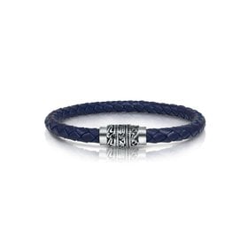ITALGEM STAINLESS STEEL MENS ENGRAVED CLASP DESIGN BLUE BRAIDED LEATHER BRACELET
