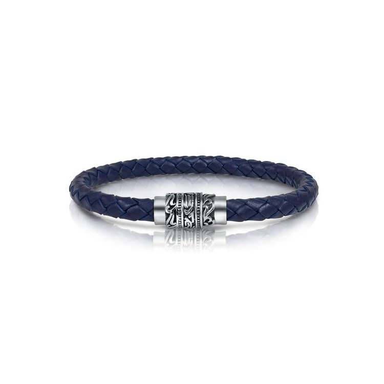 ITALGEM STAINLESS STEEL MENS ENGRAVED CLASP DESIGN BLUE BRAIDED LEATHER BRACELET