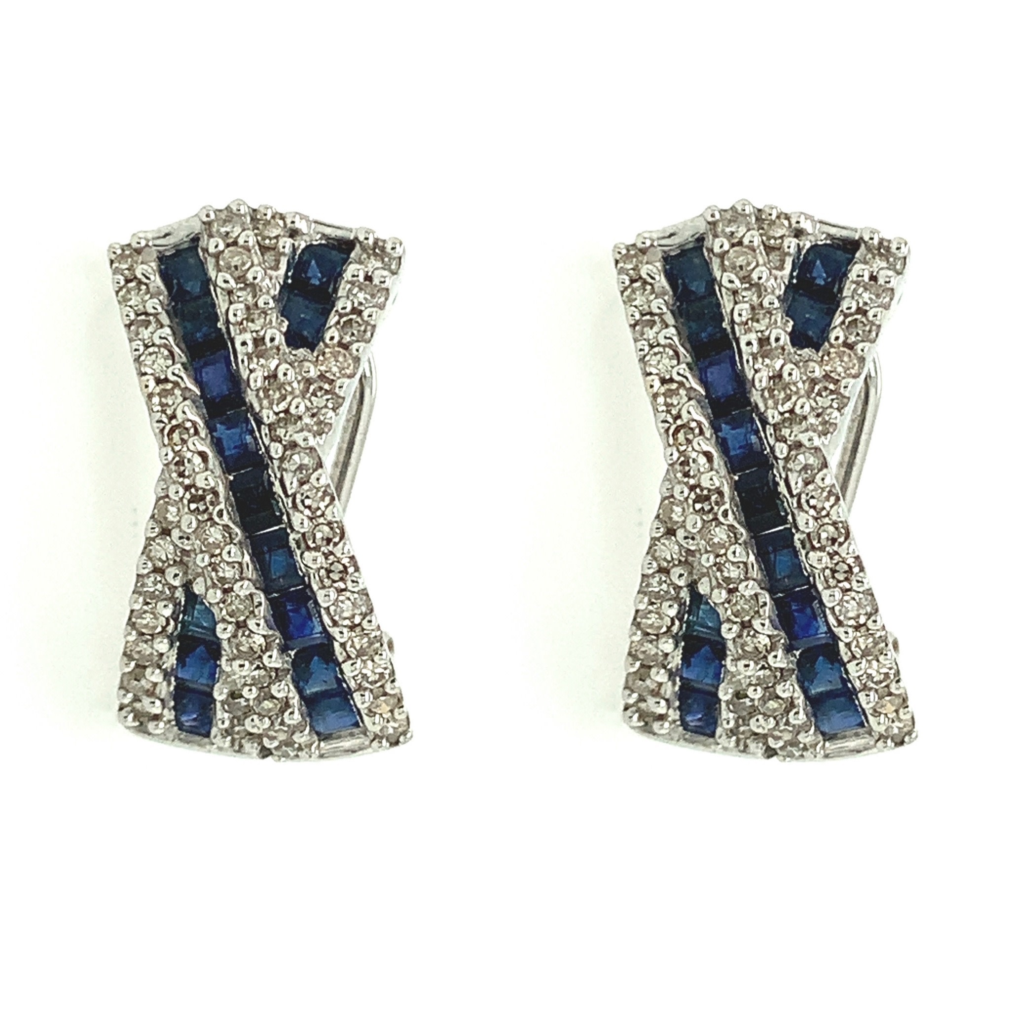 31503 14K WHITE GOLD .50TCW DIAMOND AND CHANNEL SET BLUE SAPPHIRE X DESIGN OMEGA BACK EARRINGS