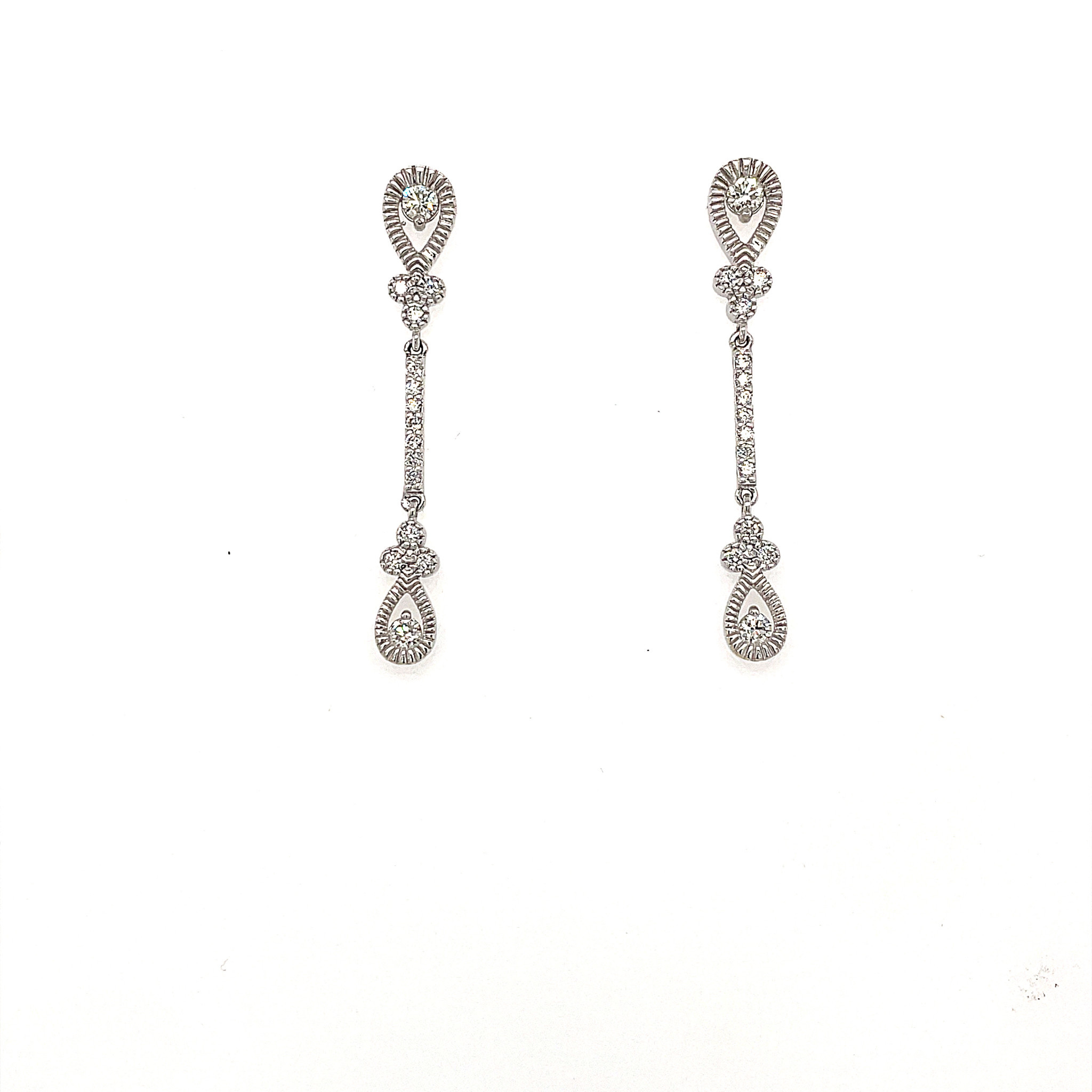 30055 14K WHITE GOLD .50TCW DIAMOND HANGING BAR WITH PEAR SHAPE FILIGREE EARRINGS