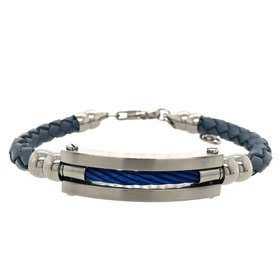 ITALGEM ITALGEM STAINLESS STEEL MENS BLUE CABLE BAR WITH BLUE BRAIDED LEATHER BRACELET