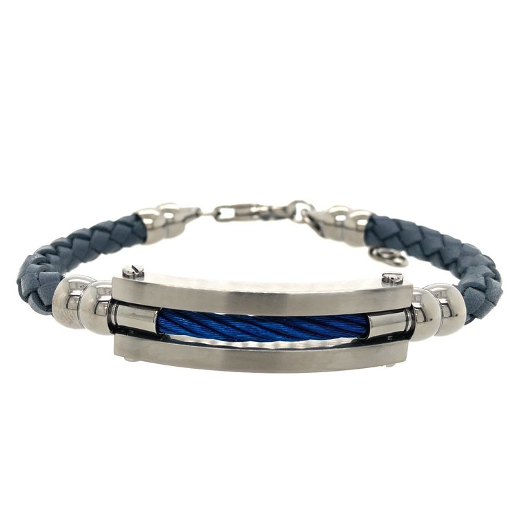 ITALGEM ITALGEM STAINLESS STEEL MENS BLUE CABLE BAR WITH BLUE BRAIDED LEATHER BRACELET