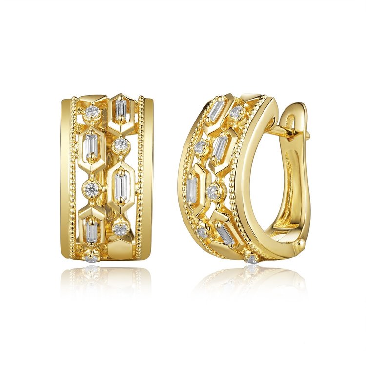 30501 14K YELLOW GOLD .24TCW DIAMOND MULTI SHAPE 2 ROW DIAMOND MILGRAIN BORDER HUGGIES EARRINGS