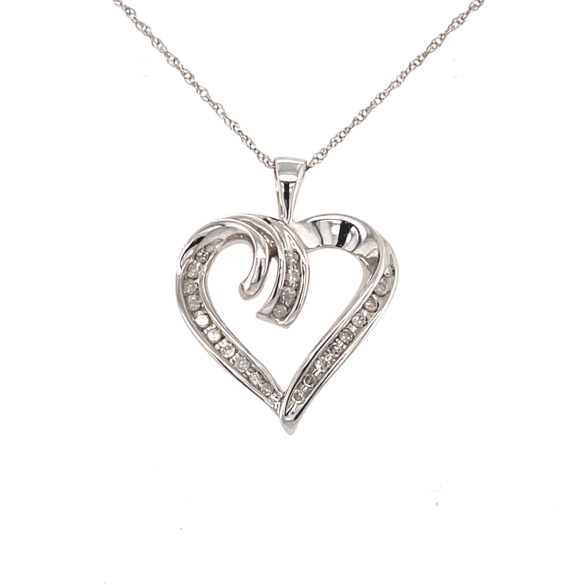 70150 14K WHITE GOLD .13TCW DIAMOND CHANNEL SET OPEN SWIRL HEART PENDANT