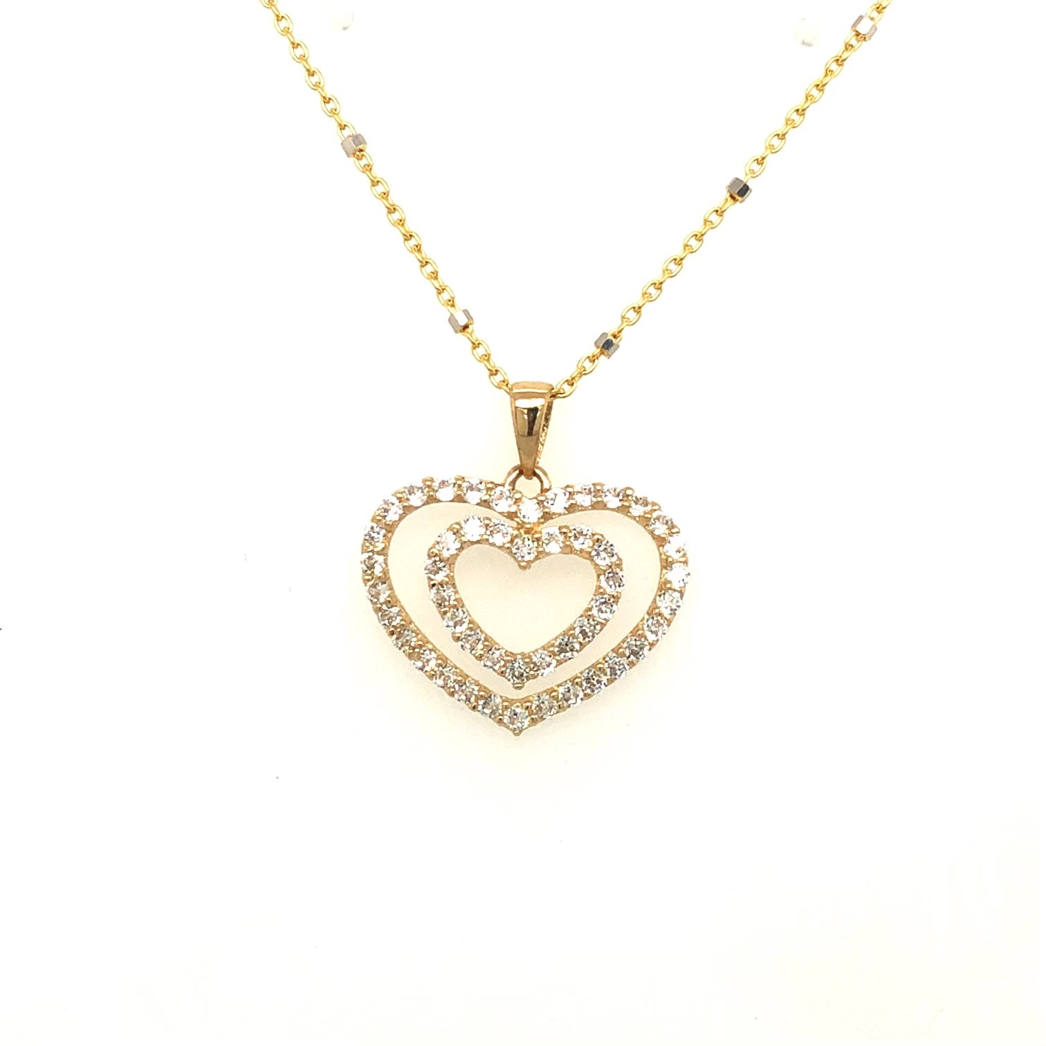 70147 14K YELLOW GOLD DOUBLE OPEN HEART WITH CUBIC ZIRCONIA PENDANT SET