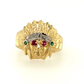45038 14K YELLOW GOLD DIAMOND CUT PINK AND GREEN CUBIC ZIRCONIA INDIAN HEAD RING