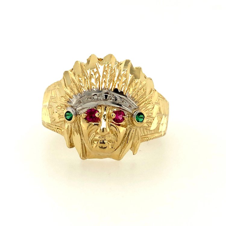 45038 14K YELLOW GOLD DIAMOND CUT PINK AND GREEN CUBIC ZIRCONIA INDIAN HEAD RING