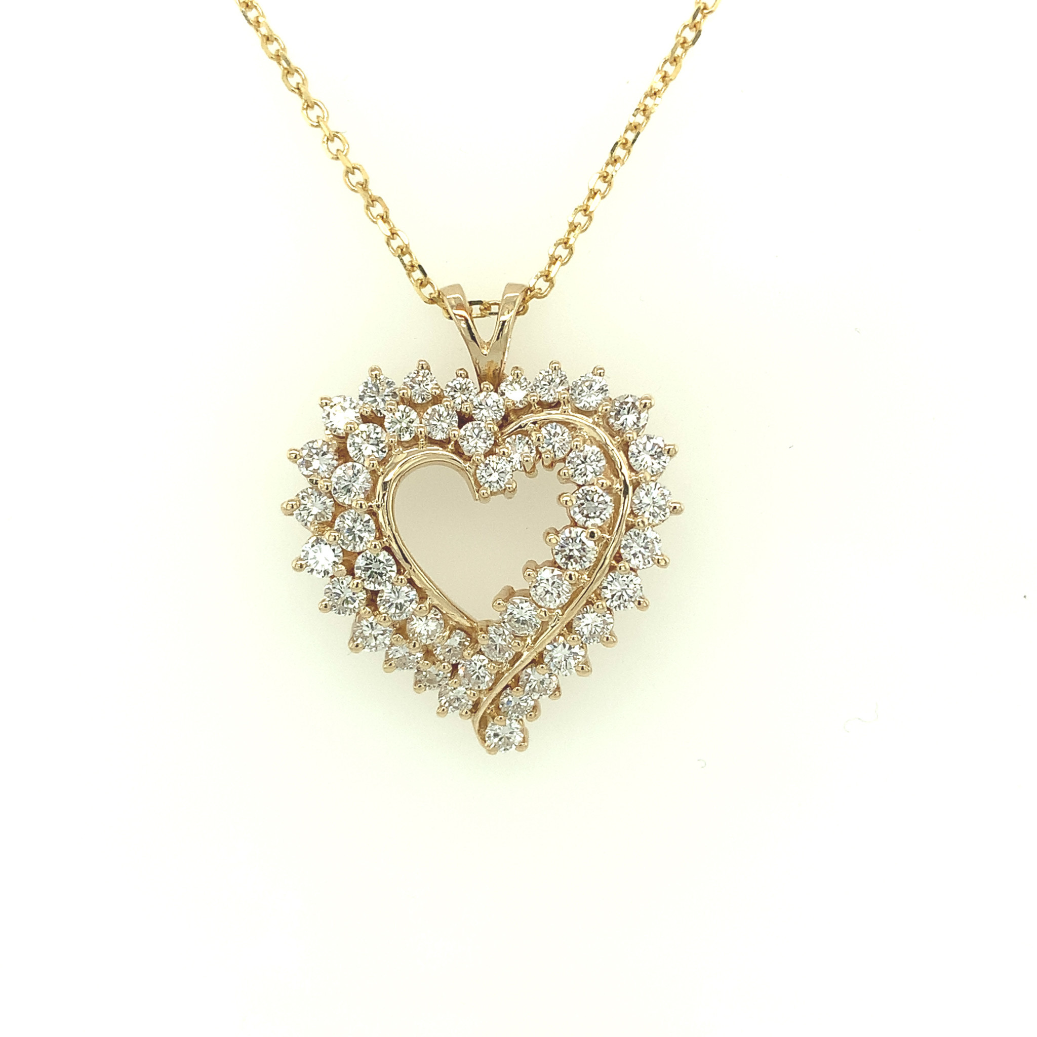 70013 14K YELLOW GOLD LARGE 3CT DIAMOND (CLARITY F VS2) DOUBLE ROW OPEN HEART ON 18" CABLE CHAIN PENDANT