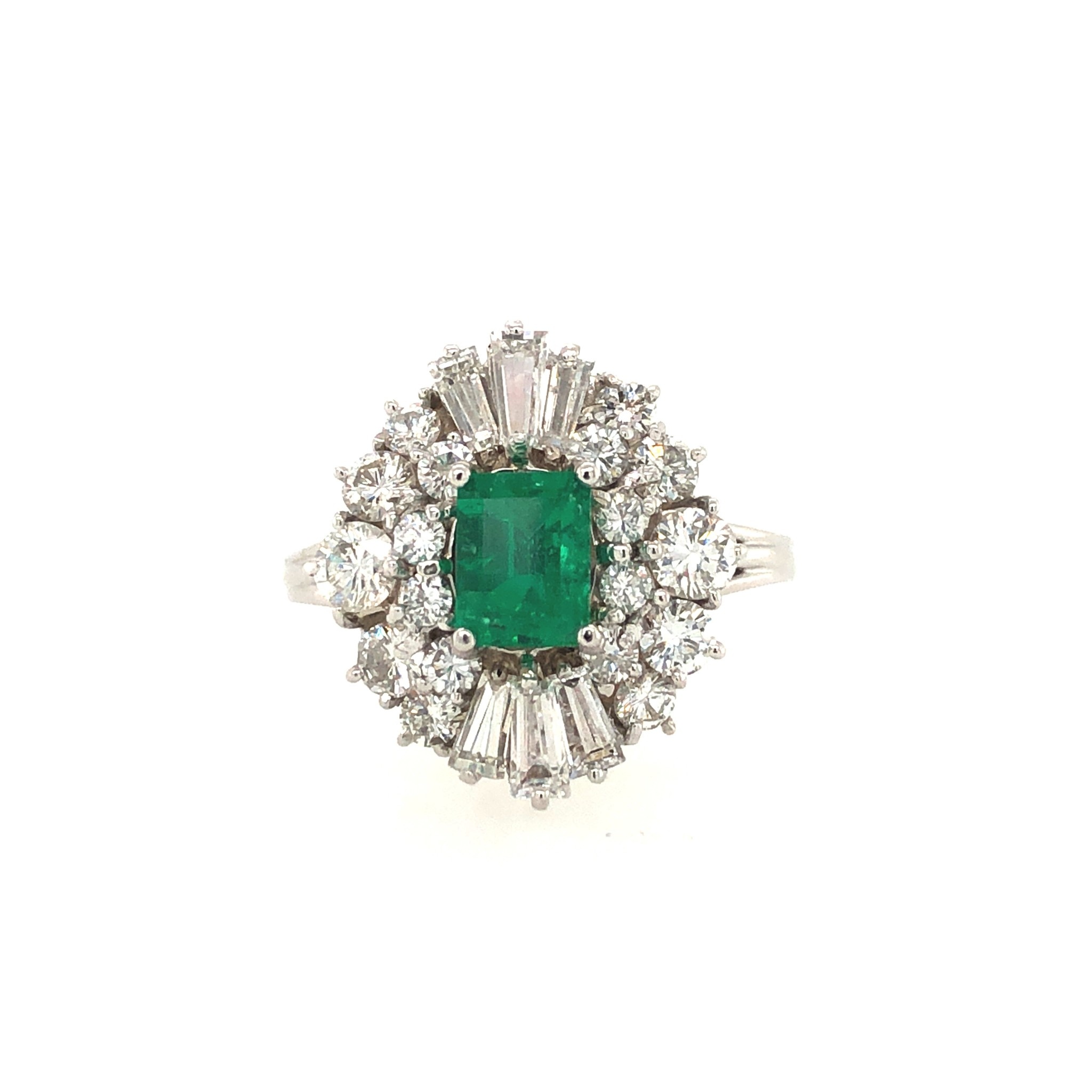 40114 18K WHITE GOLD 1.20CT DIAMOND & BAGUETTE FANCY STYLE WITH EMERALD CUT .70CT EMERALD CENTER LADIES RING