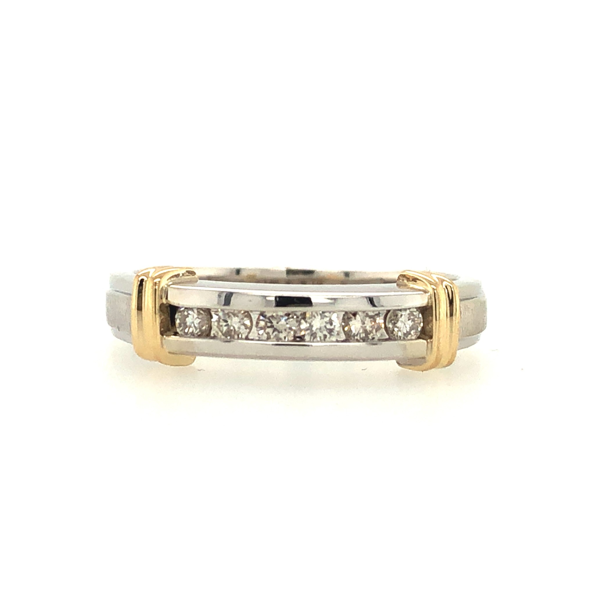 475093 14K 2 TONE CHANNEL SET .15TCW DIAMOND SATIN AND HIGH POLISH FINISH WOMENS WEDDING BAND