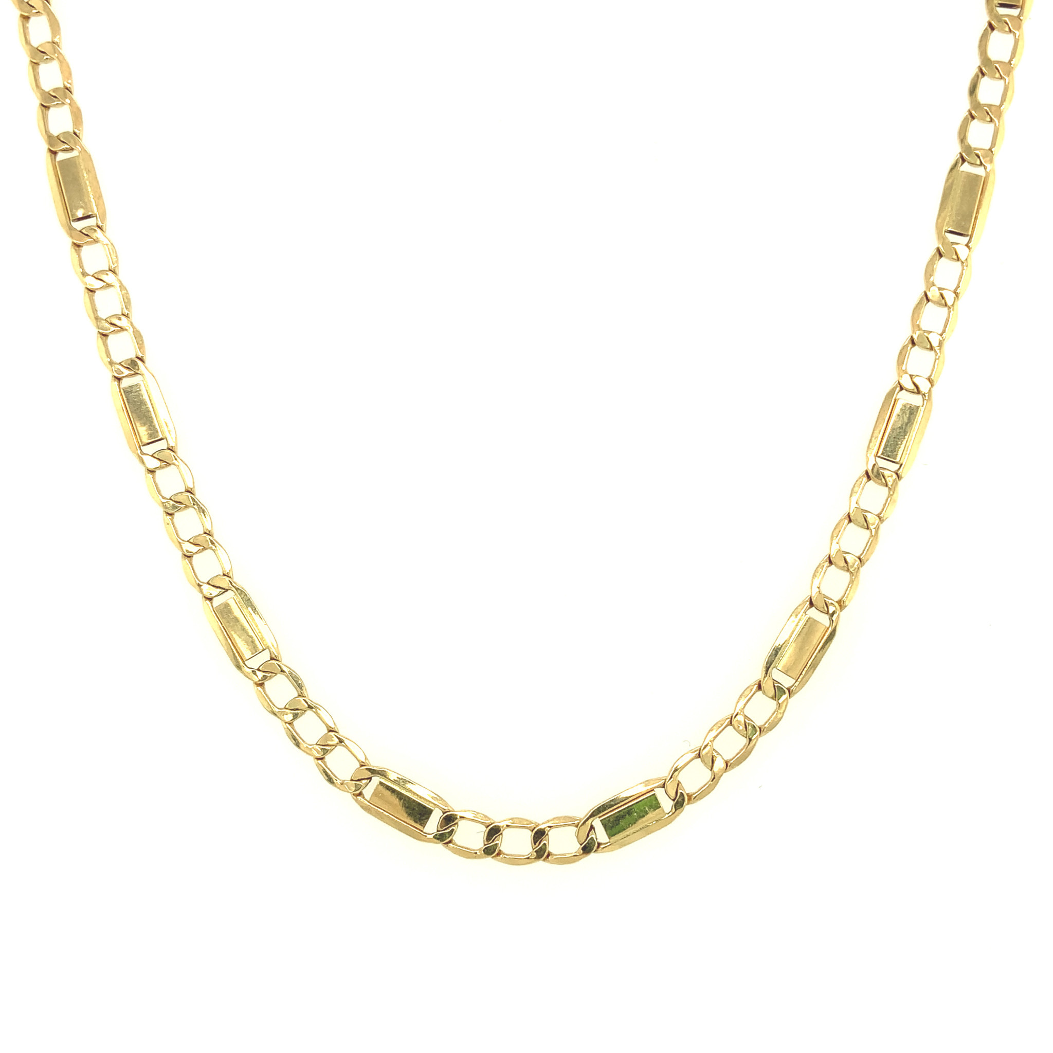 50143 18K YELLOW GOLD 4MM 24" HOLLOW SQUARE CENETR TIGERS EYE AND TRIPLE CUBAN LINK CHAIN
