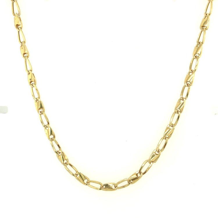 50141 18K YELLOW GOLD 24" CURVED HOLLOW SQUARED CENTER TIGERS EYE AND CUBAN LINK CHAIN