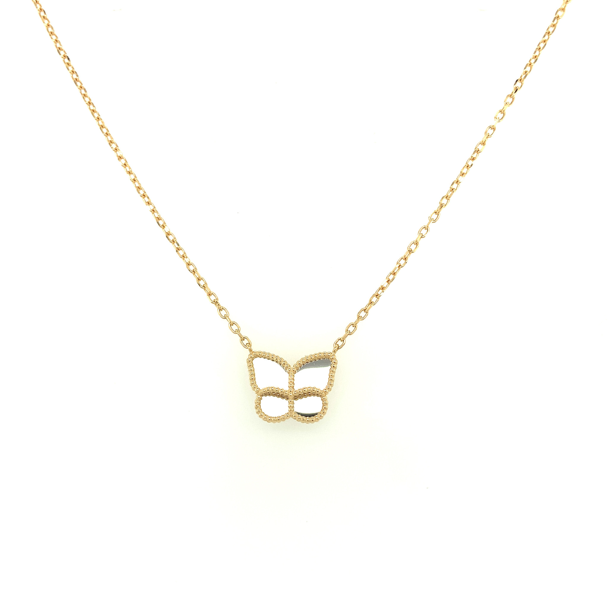 70152 18K YELLOW AND WHITE GOLD MILGRAIN MIRROR BUTTERFLY NECKLACE