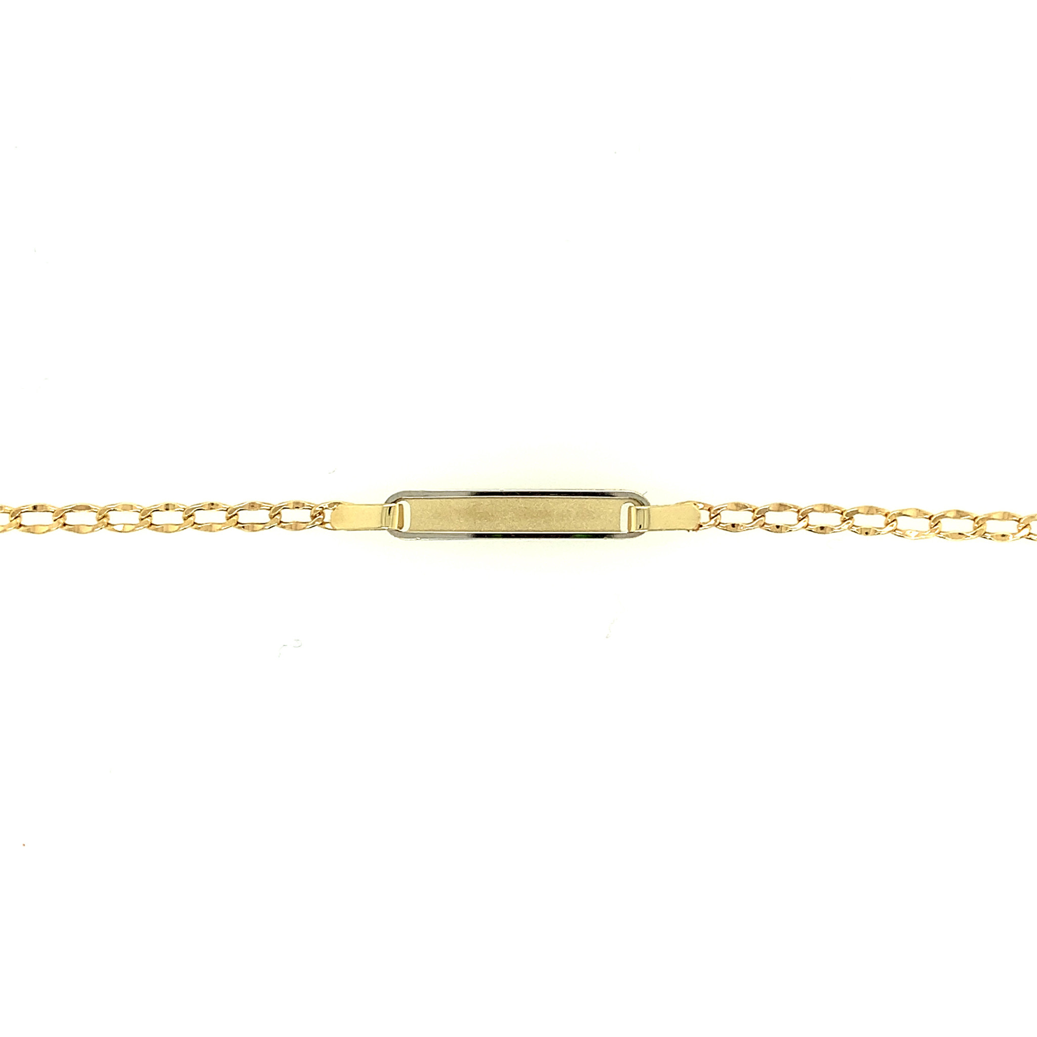 20086 14K YELLOW GOLD CURB LINK SATIN FINISH HIGH POLISH BORDER BABY NAME ID BRACELET