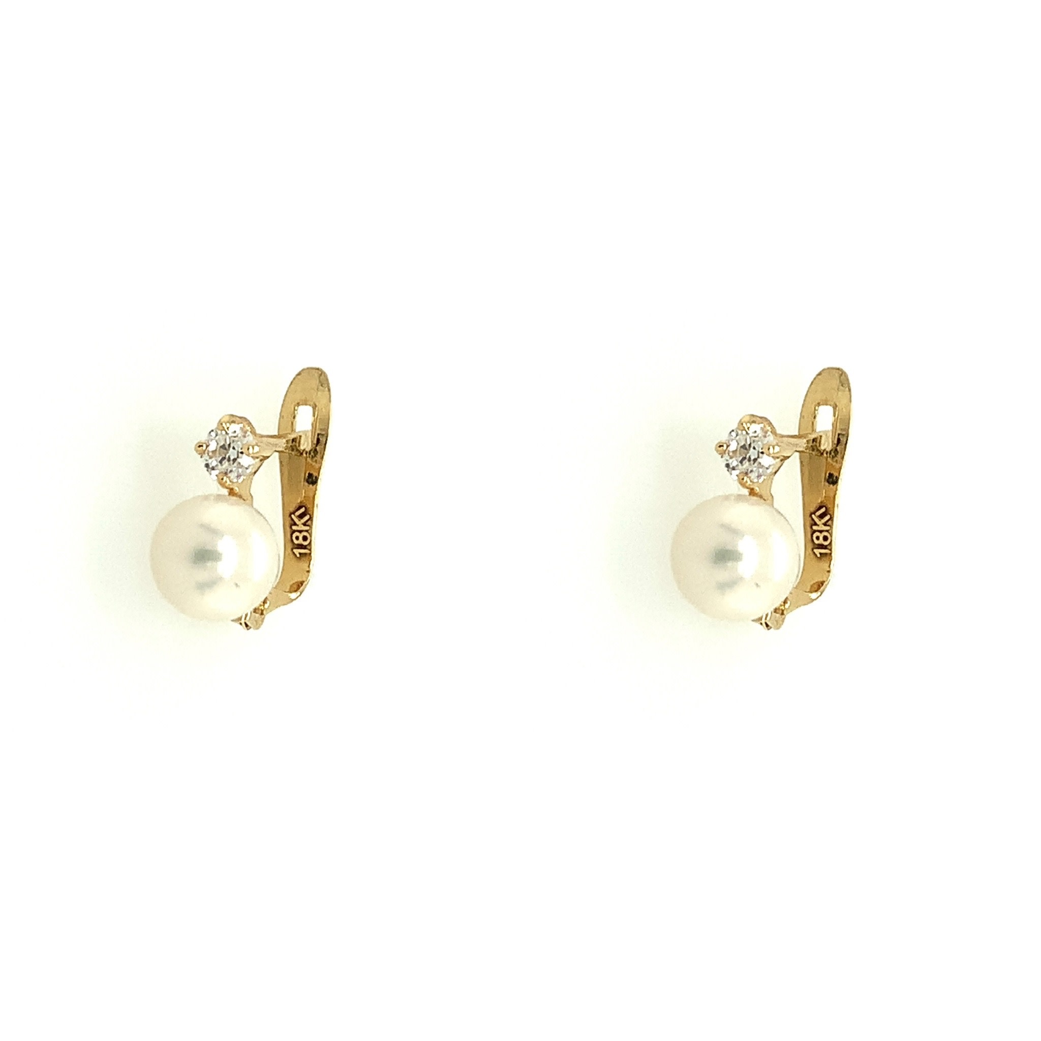 30522 18K YELLOW GOLD 5MM PEARL AND SINGLE SWAROVSKI CUBIC ZIRCONIA LEVERBACK EARRINGS