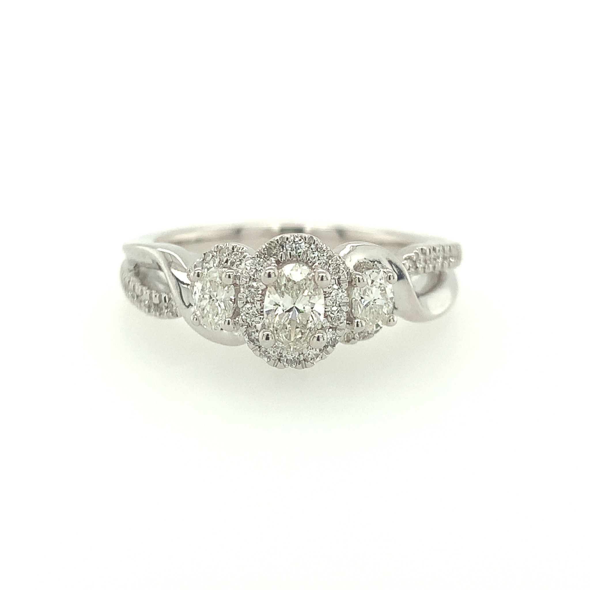 475094 14K WHITE GOLD .62TCW OVAL DIAMOND CENTER PAST PRESENT FUTURE DESIGN WITH HALO AND WAVE DESIGN SETTING ENGAGEMENT RING