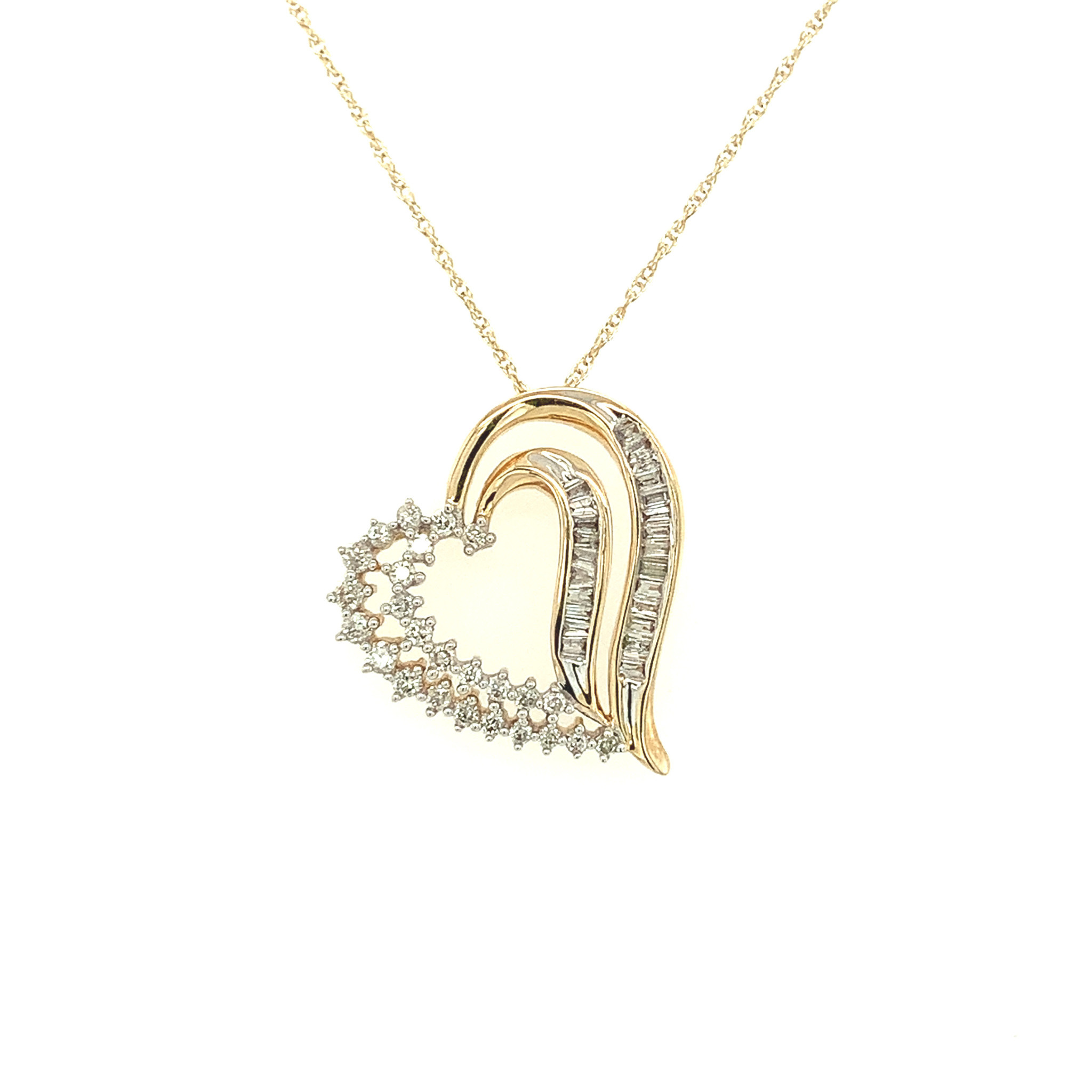 70153 10K YELLOW GOLD .37TCW ROUND AND BAGUETTE DIAMONDS DOUBLE OPEN HEART PENDANT SET