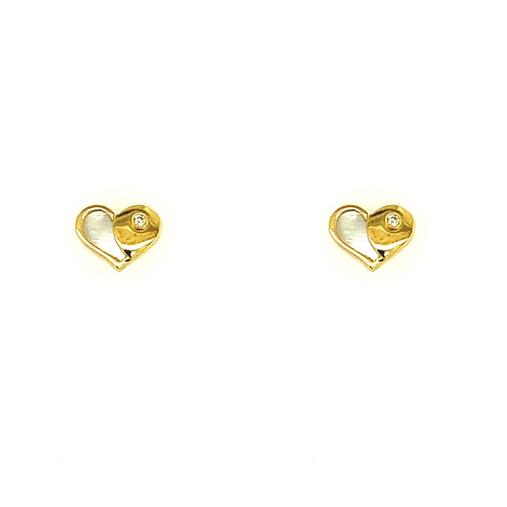 30518 18K YELLOW GOLD MOTHER OF PEARL AND CUBIC ZIRCONIA HIGH POLISH HEART SCREW BACK STUDS