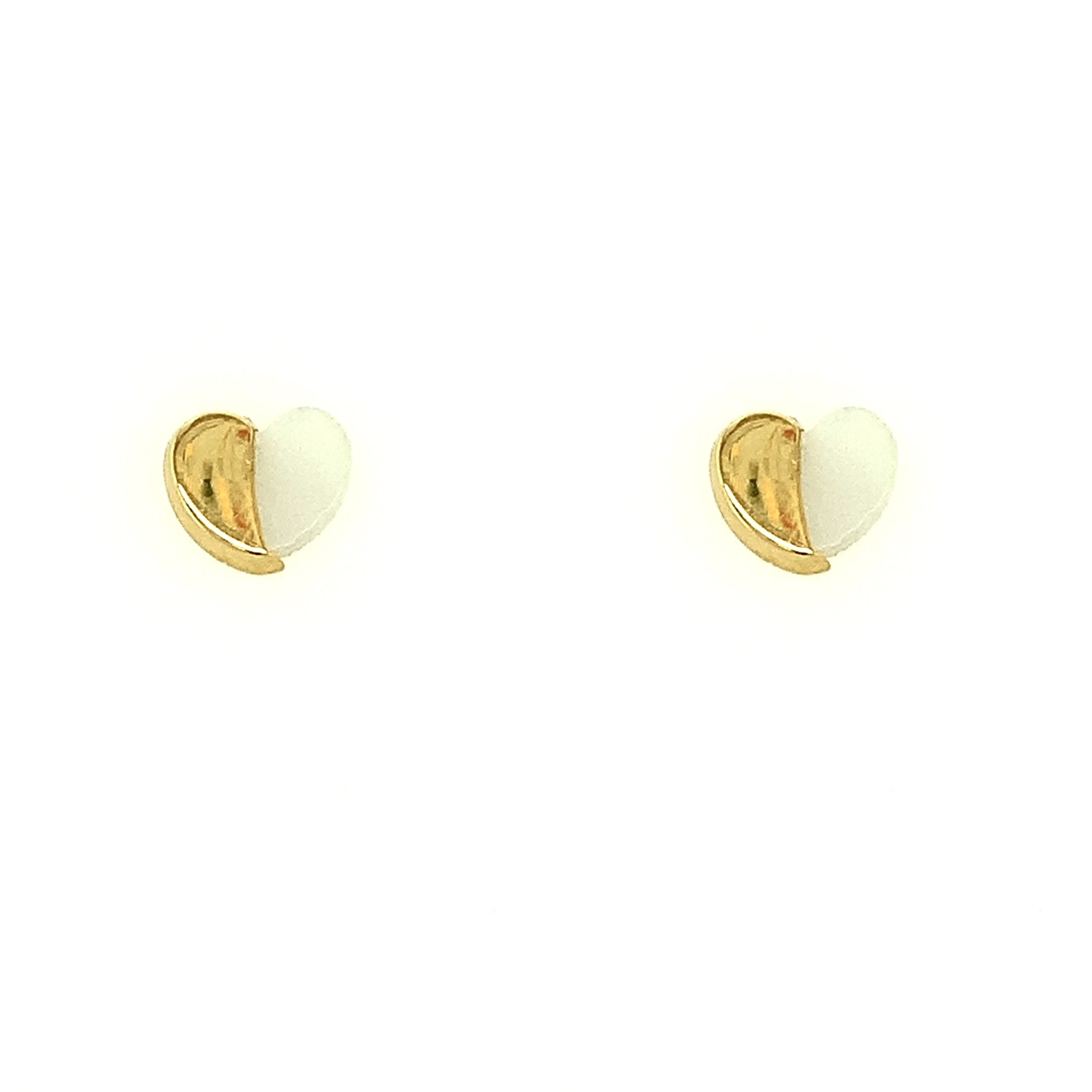 30506 18K YELLOW GOLD HALF HIGH POLISH AND HALF MOTHER OF PEARL HEART SCREW BACK STUDS