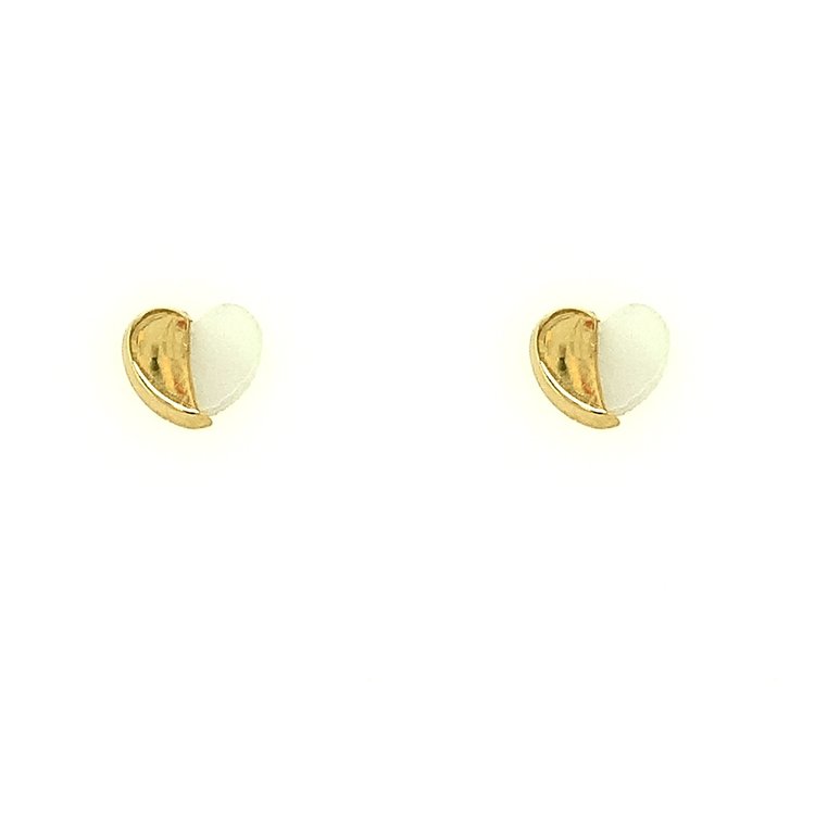30506 18K YELLOW GOLD HALF HIGH POLISH AND HALF MOTHER OF PEARL HEART SCREW BACK STUDS