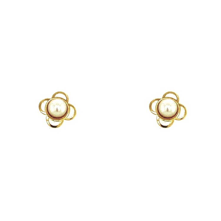 30513 18K YELLOW GOLD PEARL CENTER FOUR PETAL FLOWER SCREW BACK STUDS