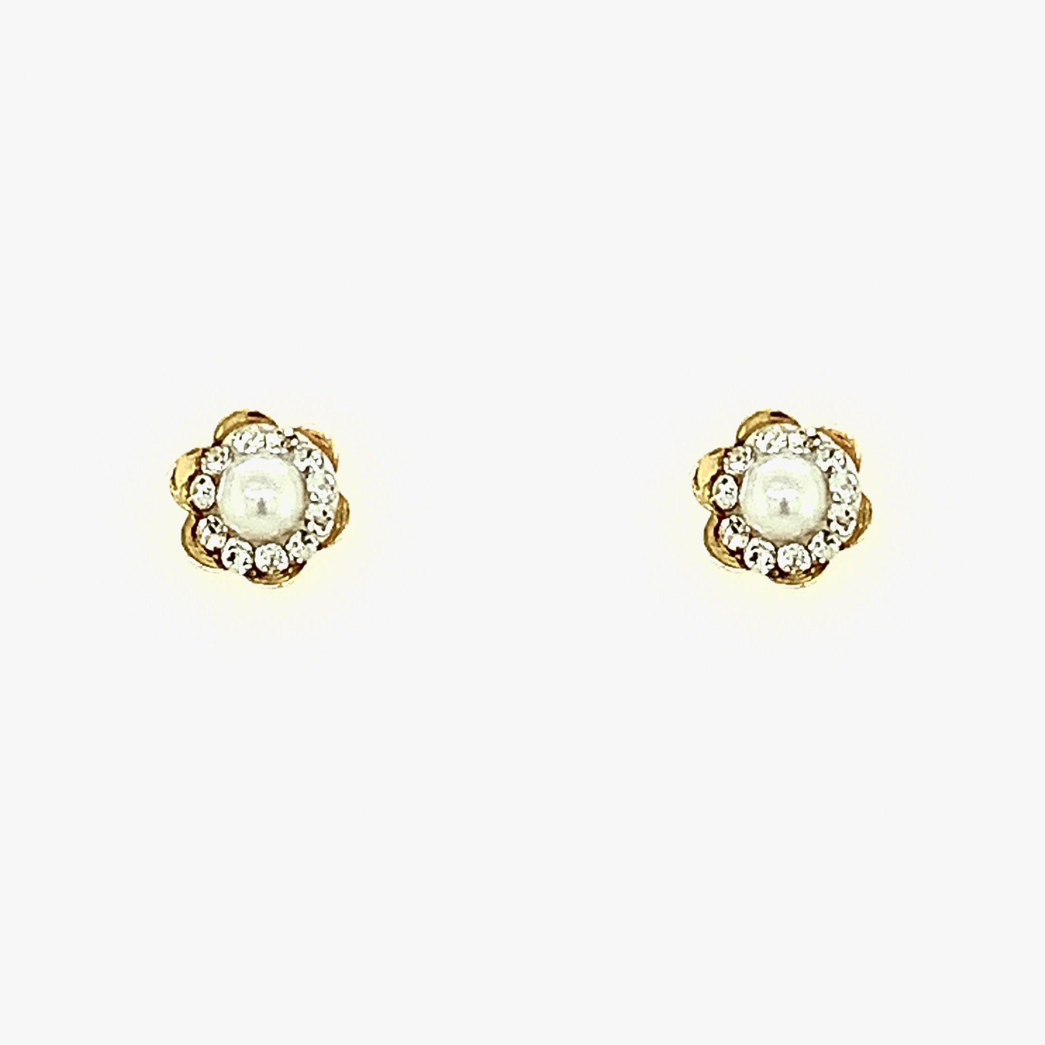 30508 18K YELLOW GOLD PEARL CENTER CUBIC ZIRCONIA FLOWER HALO SCREW BACK STUDS