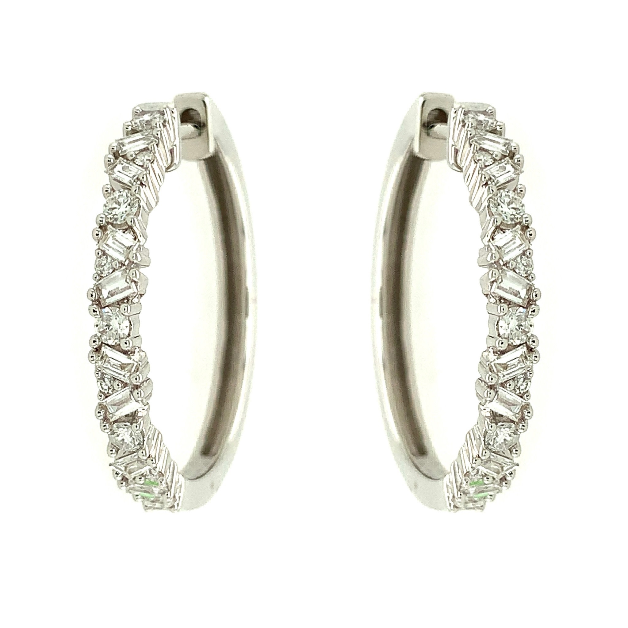 30528 14K WHITE GOLD .50TCW ROUND AND BAGUETTE DIAMOND 1" HOOPS