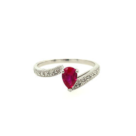 40123 10K WHITE GOLD SYNTHETIC RUBY PEAR SHAPE DIAMOND MILGRAIN BYPASS DESIGN RING